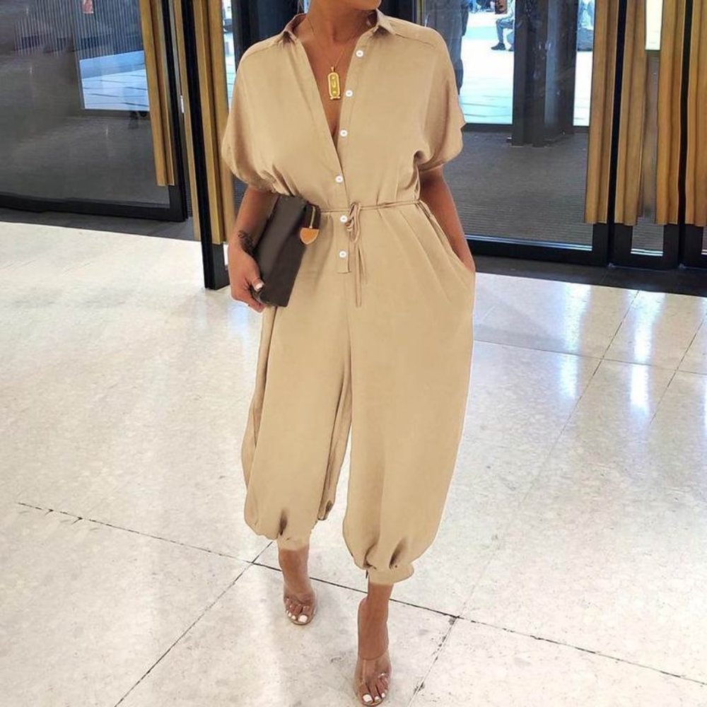 Short sleeve belted jumpsuit